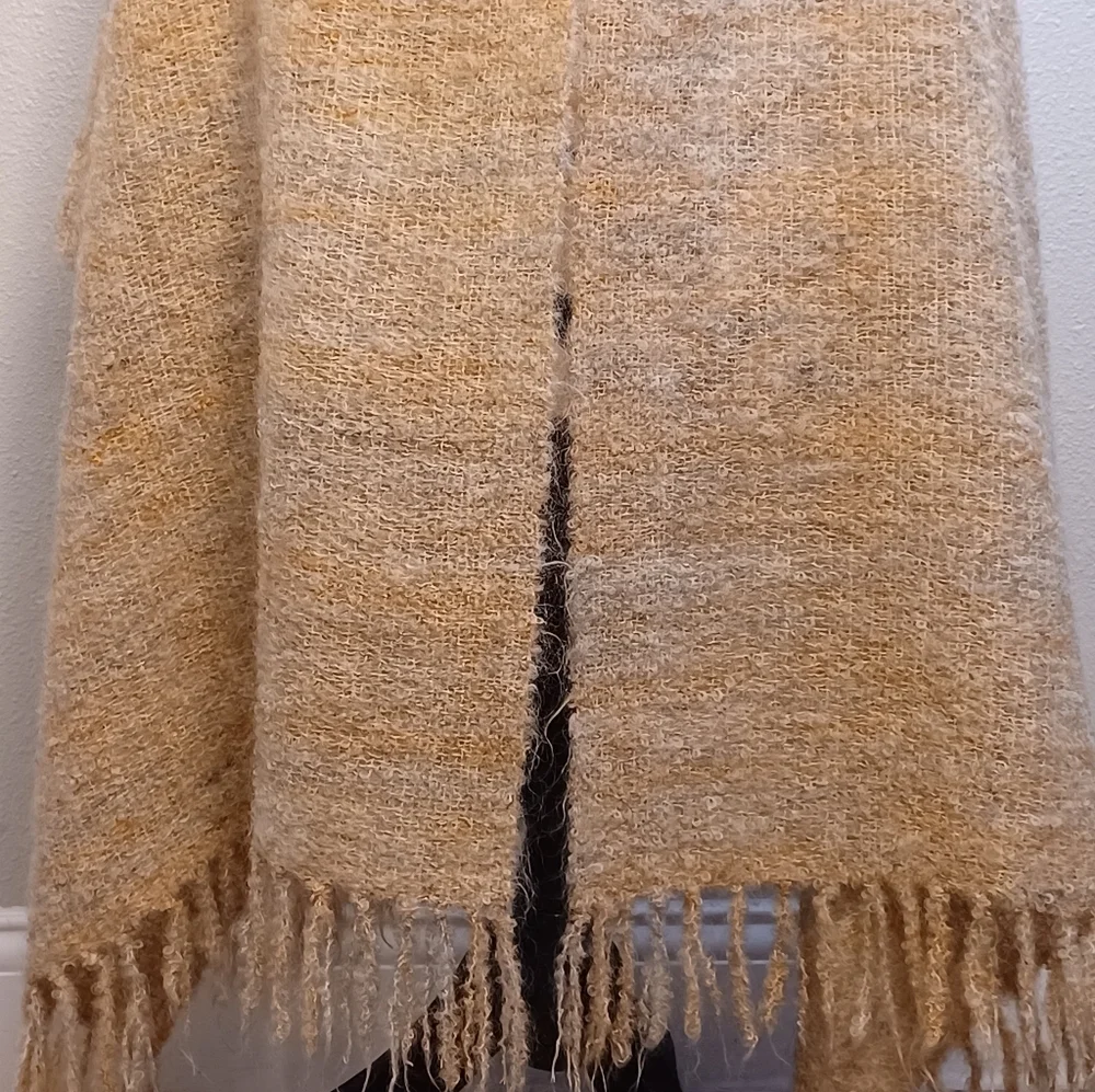 Earthy Natural Beige Hand Woven Mohair Wool Blend Fringe Wrap Shawl